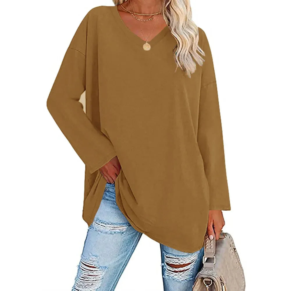 1. Long Sleeve V-Neck Loose Tunic Top