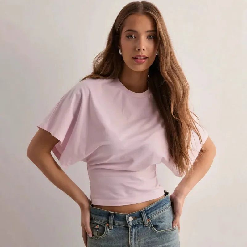 1. Crew Neck Ruched Waist Slim Fit Casual Cropped Tee