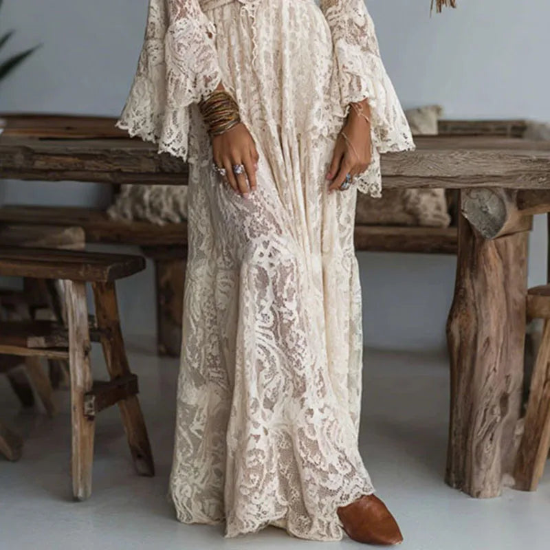 1. Clothing Beautiful, Romantic V Neck Embroidery Lace Jacquard Long Dress