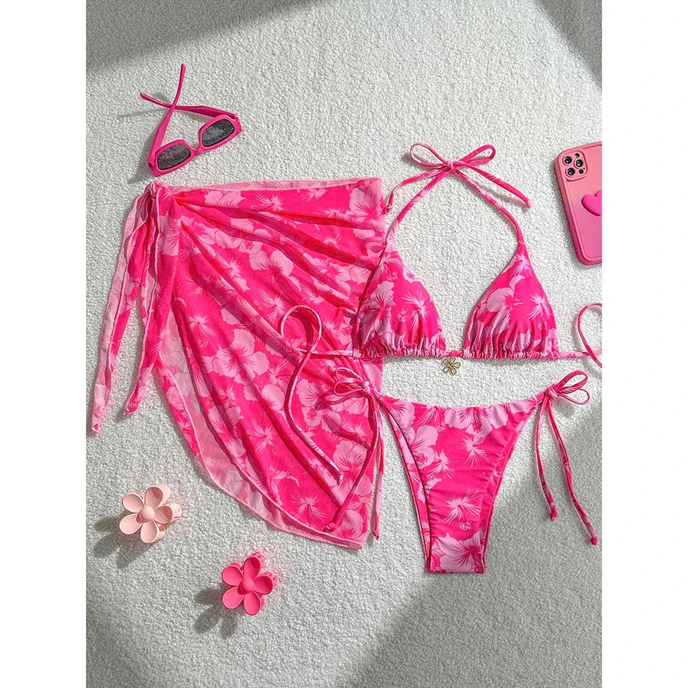 1. Clothing Bikini Hibiscus String Bikini with Pareo
