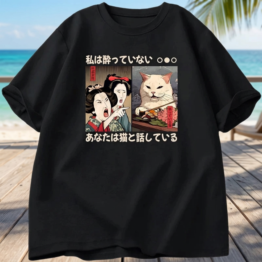 1. T-Shirt Funny Yelling At A Cat Meme T-shirts Vintage Japanese Style Cat