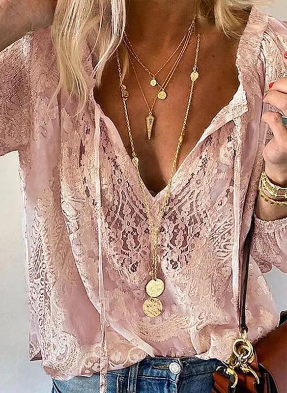 1. Beautiful Lace Long Sleeve V-Neck Top