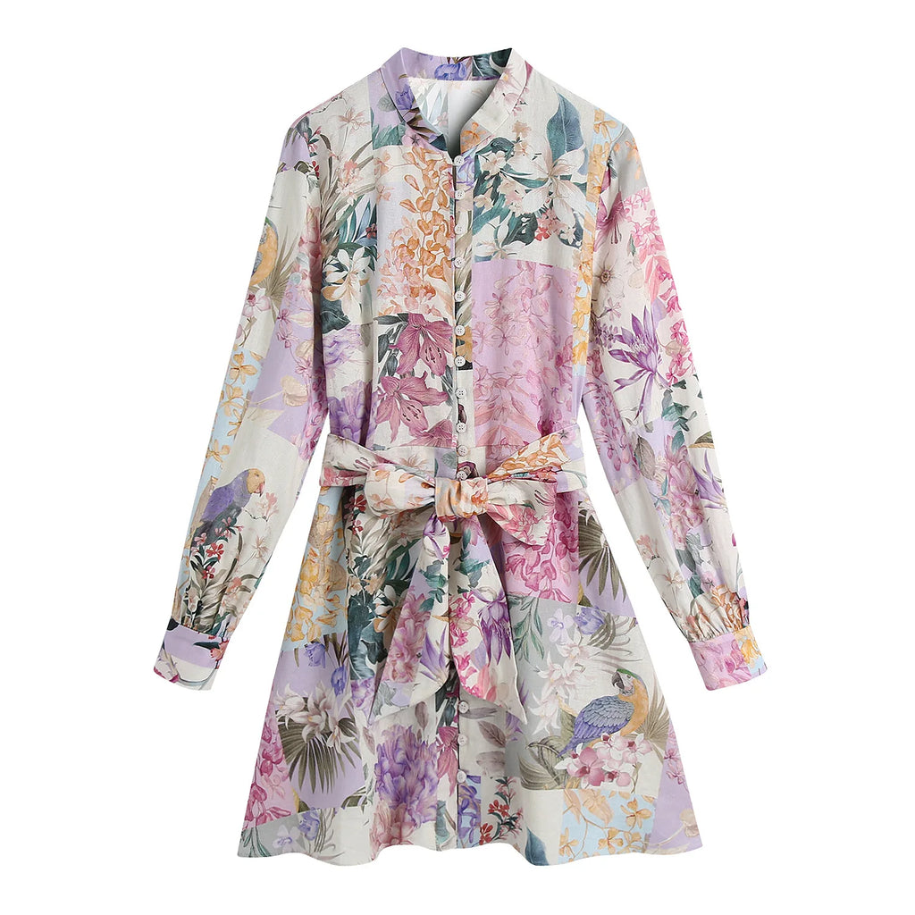 1. Boho Floral Long Sleeve Mini Dress with Tie Waist