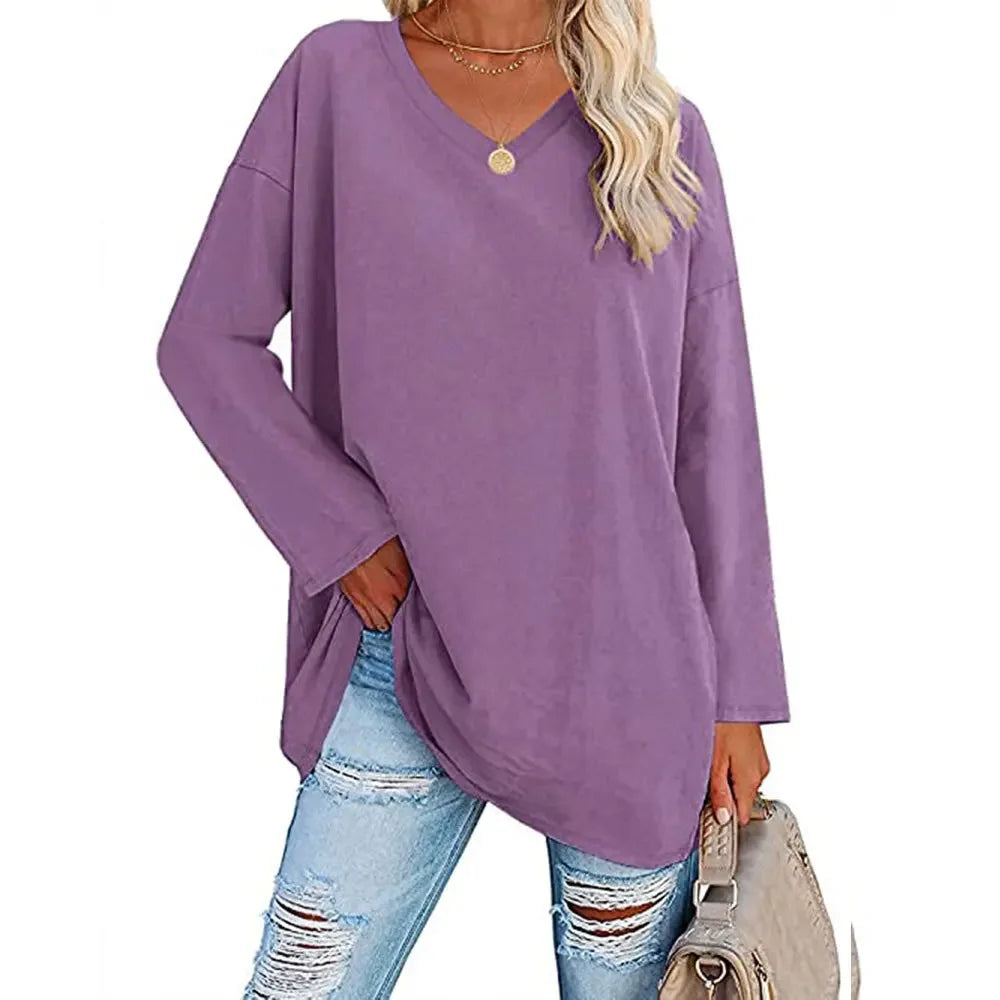 1. Long Sleeve V-Neck Loose Tunic Top