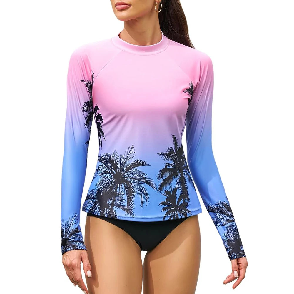 1. Women’s Rashguard Long Sleeves Printed Crew Neck with Thumb Holes Surfing Shirt Skin-Friendly UPF 50+ Swimsuit