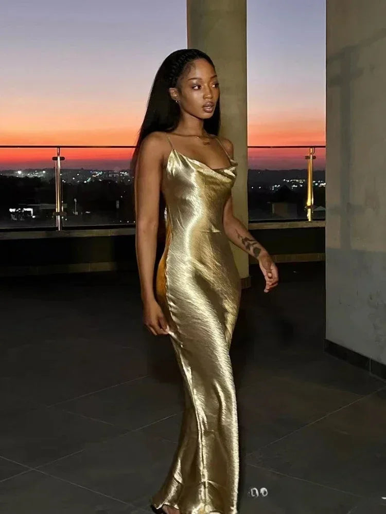1. Clothing Backless Gold Satin Dress