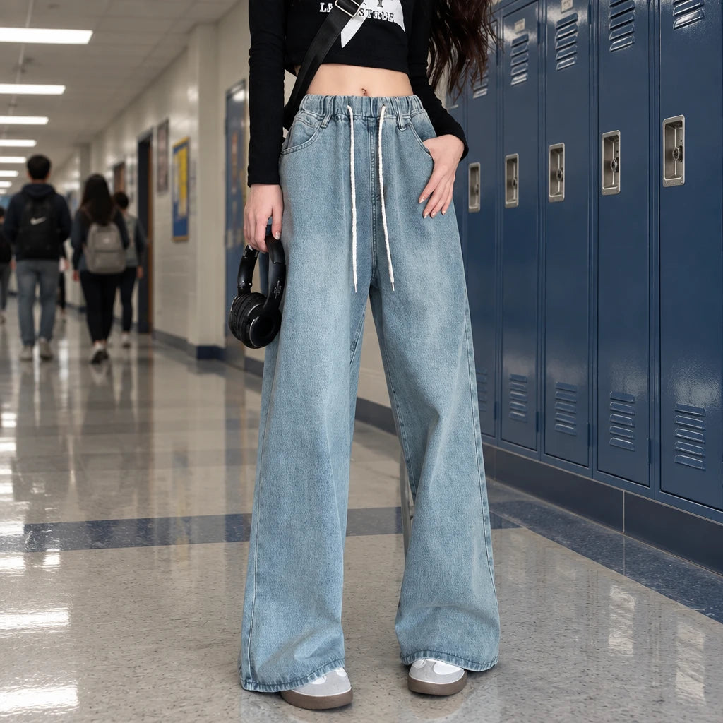 1. Wide Leg Denim Jeans With Tie and Elastic Waist