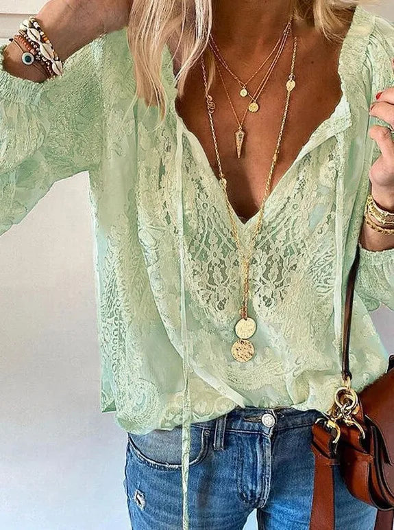 1. Beautiful Lace Long Sleeve V-Neck Top