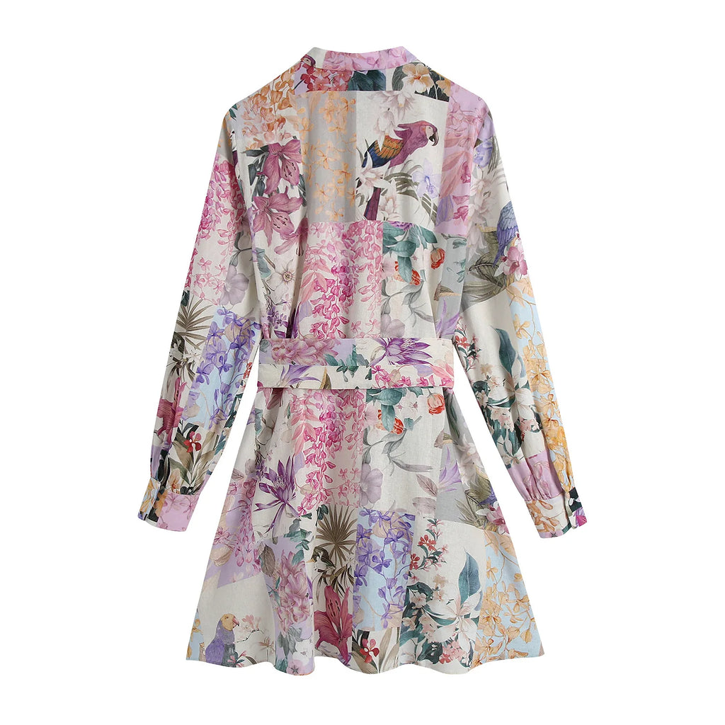 1. Boho Floral Long Sleeve Mini Dress with Tie Waist
