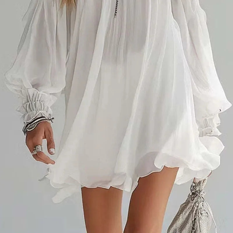 1. Clothing Boho Beach Dress Ruffle Neck Crinkled Dress