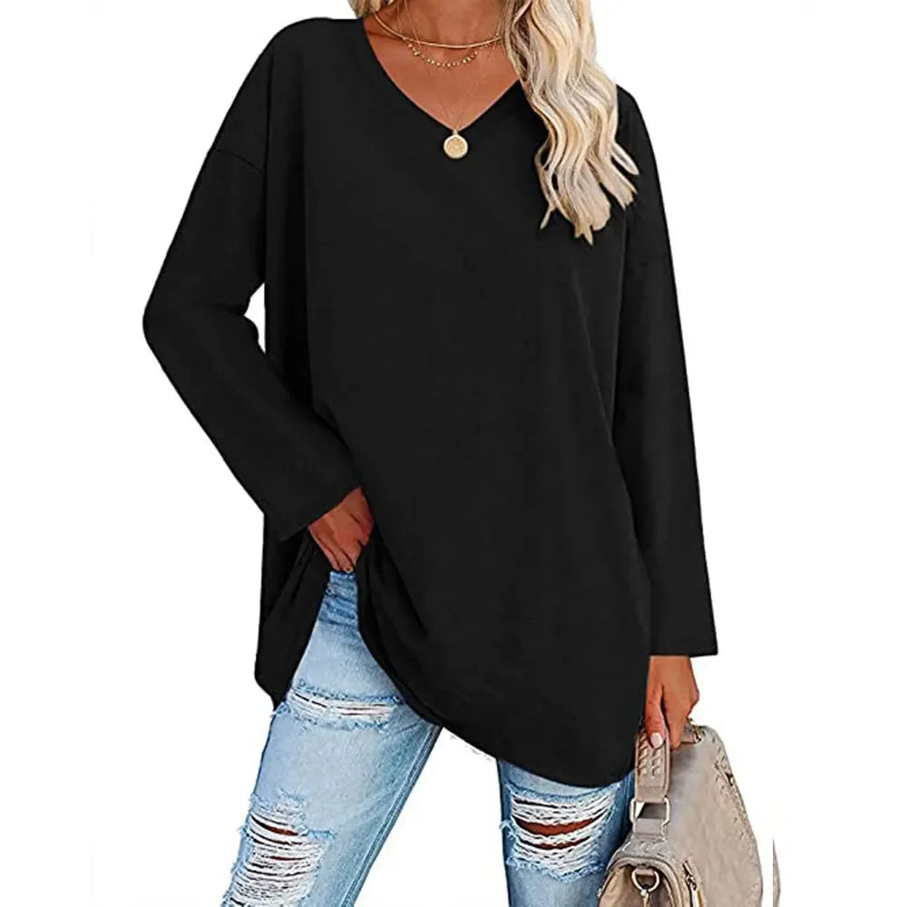 1. Long Sleeve V-Neck Loose Tunic Top