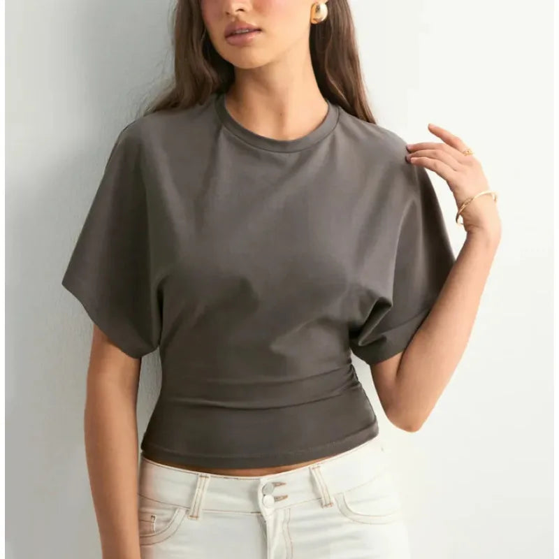 1. Crew Neck Ruched Waist Slim Fit Casual Cropped Tee
