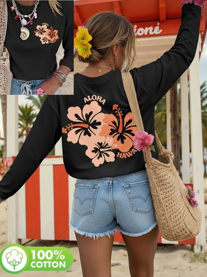 1. T-Shirt Aloha Long sleeve Hibiscus Flower Print T-Shirt 100% Cotton