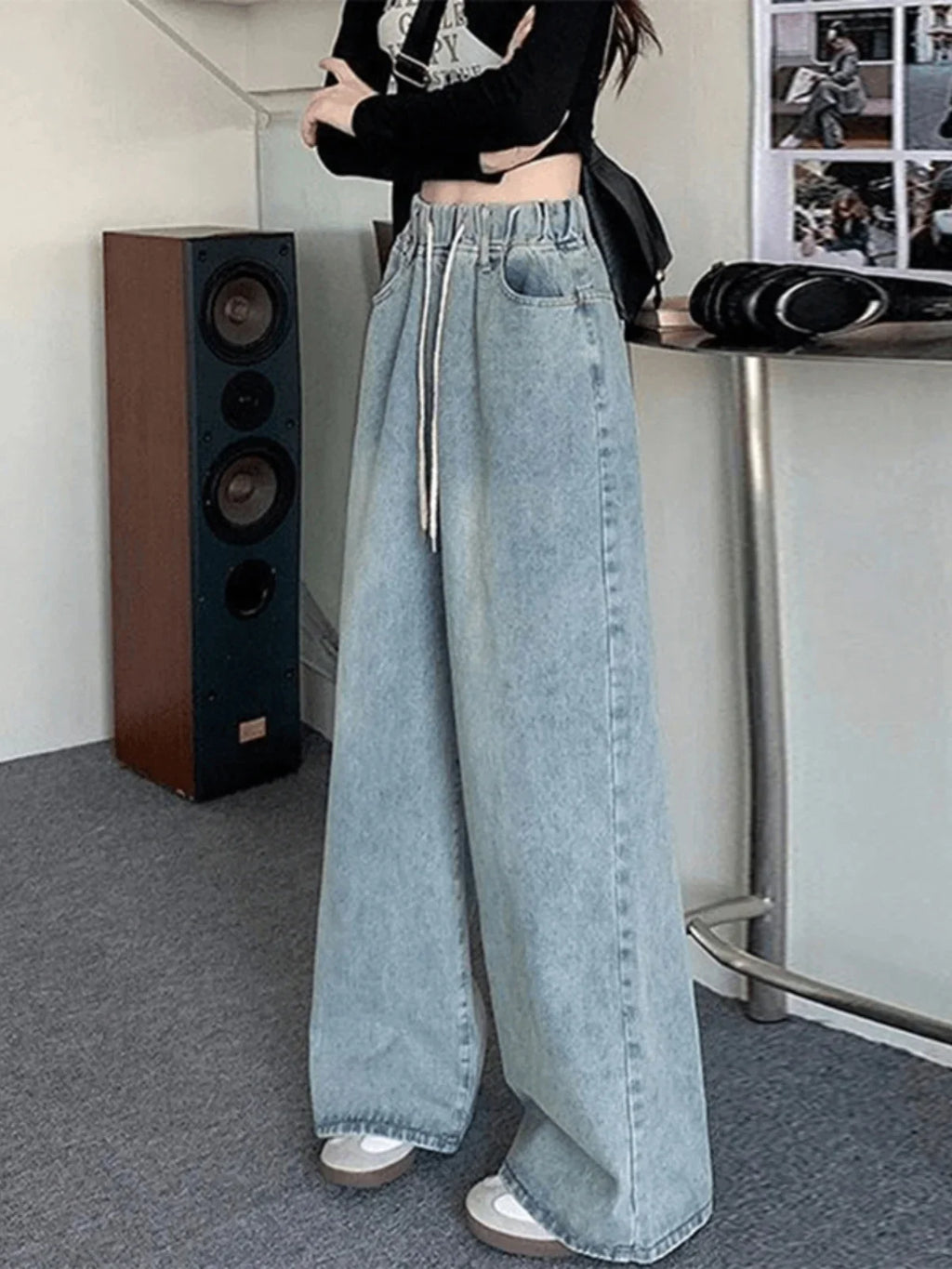 1. Wide Leg Denim Jeans With Tie and Elastic Waist