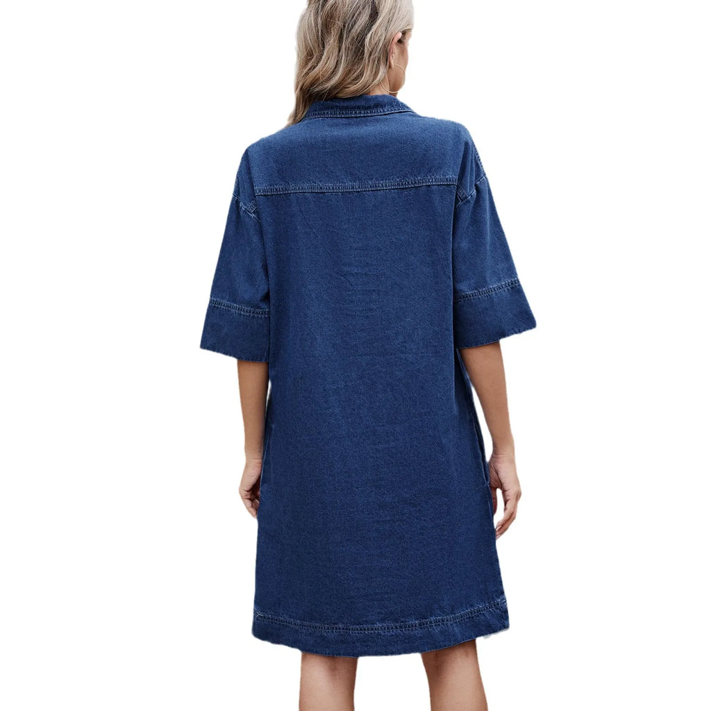 1. Denim Dress with V-Neck and Pockets
