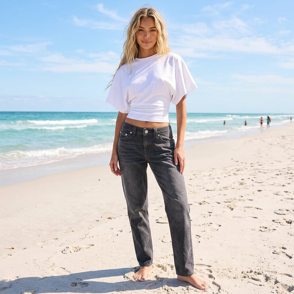 1. Crew Neck Ruched Waist Slim Fit Casual Cropped Tee