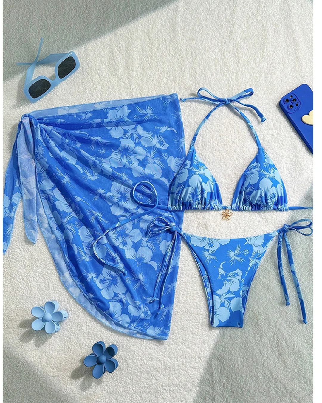 1. Clothing Bikini Hibiscus String Bikini with Pareo