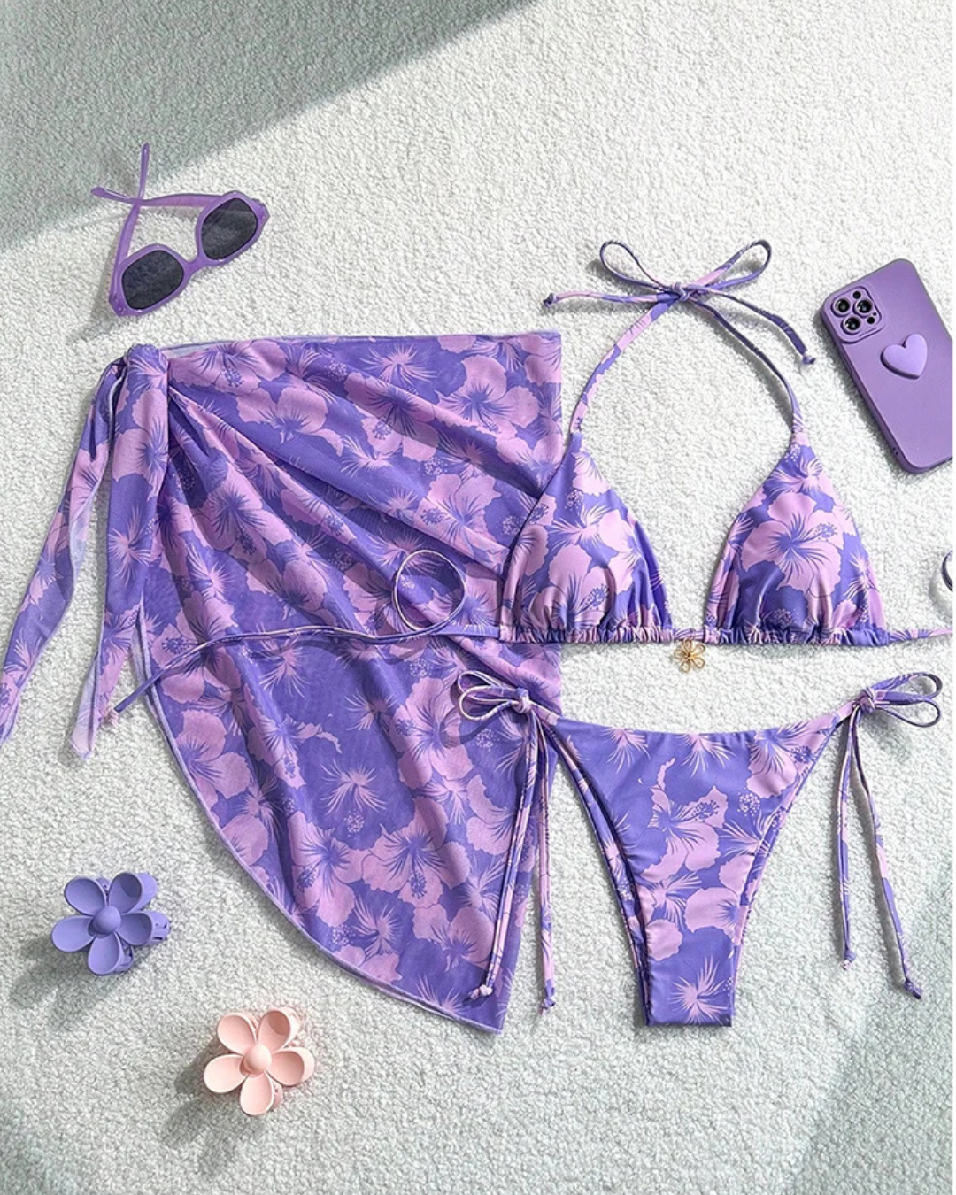 1. Clothing Bikini Hibiscus String Bikini with Pareo